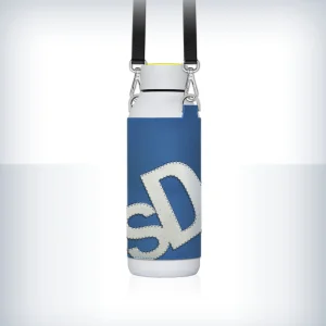 White drinking bottle with blue leather cover and black leather carrying strap